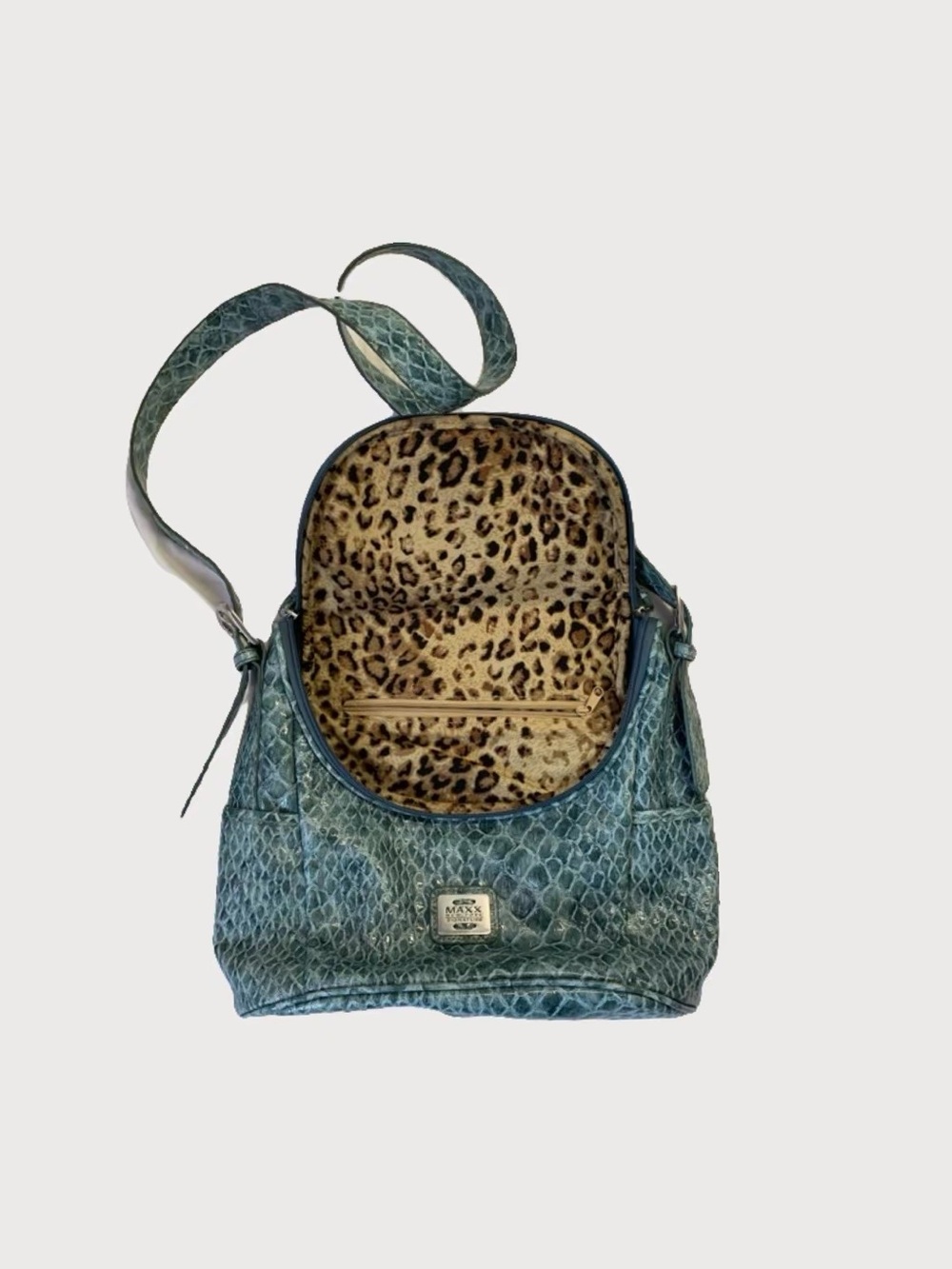 Y2k Vintage Teal Croc-Embossed Shoulder Bag with Leopard Lining